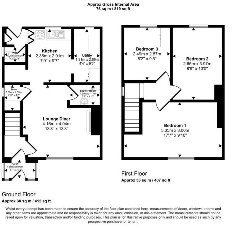 Floor plan over two floors, about 76 square metres